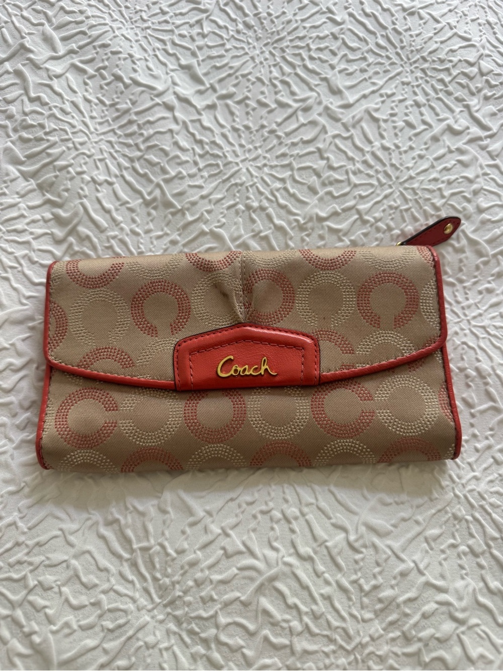 Coach Signature C Trifold Wallet Tan Coral Leather Long Envelope